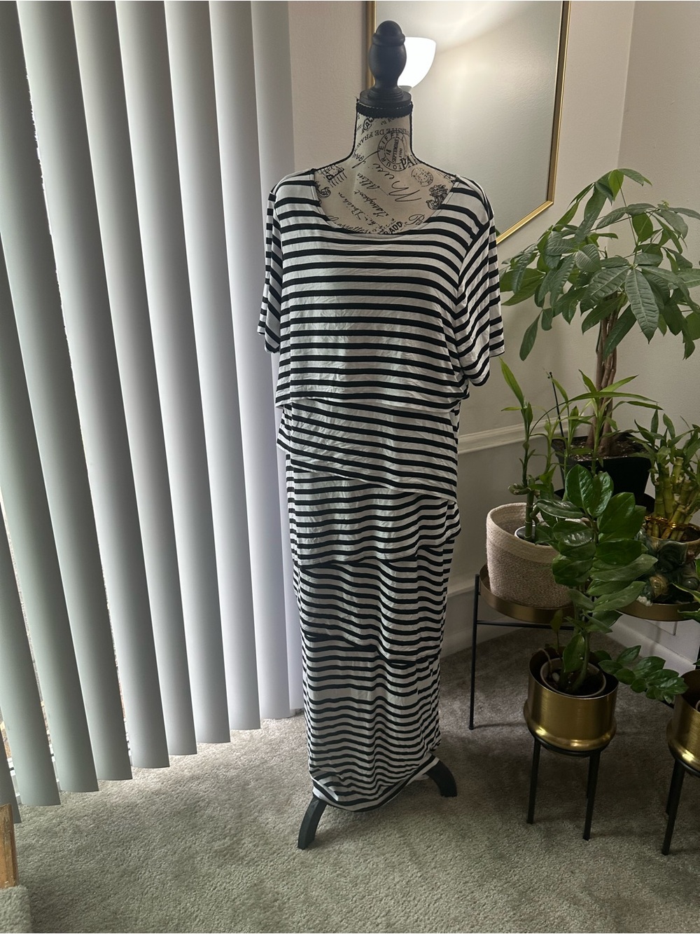 Ashley Stewart Layered Black & White Striped Maxi T-Shirt Dress 22/24